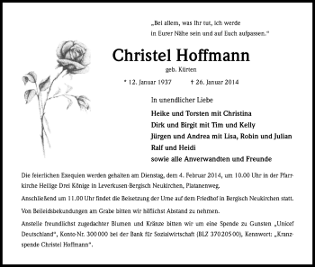 Anzeige von Christel Hoffmann von Kölner Stadt-Anzeiger / Kölnische Rundschau / Express