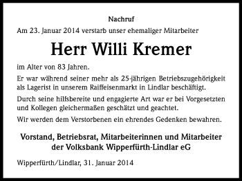 Anzeige von Willi Kremer von Kölner Stadt-Anzeiger / Kölnische Rundschau / Express