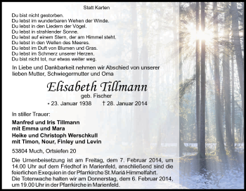 Anzeige von Elisabeth Tillmann von Kölner Stadt-Anzeiger / Kölnische Rundschau / Express