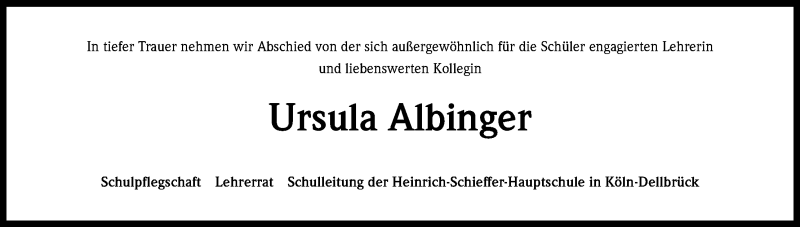  Traueranzeige für Ursula Albinger vom 01.02.2014 aus Kölner Stadt-Anzeiger / Kölnische Rundschau / Express