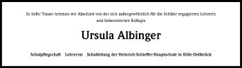 Anzeige von Ursula Albinger von Kölner Stadt-Anzeiger / Kölnische Rundschau / Express