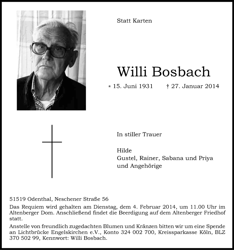  Traueranzeige für Willi Bosbach vom 01.02.2014 aus Kölner Stadt-Anzeiger / Kölnische Rundschau / Express