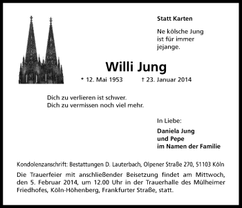 Anzeige von Willi Jung von Kölner Stadt-Anzeiger / Kölnische Rundschau / Express