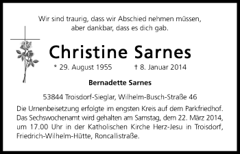 Anzeige von Christine Sarnes von Kölner Stadt-Anzeiger / Kölnische Rundschau / Express