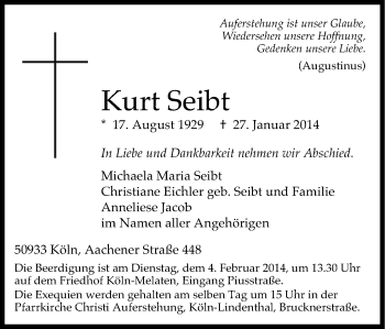 Anzeige von Kurt Seibt von Kölner Stadt-Anzeiger / Kölnische Rundschau / Express