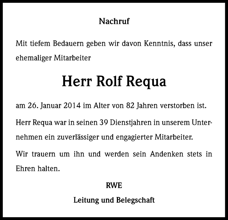  Traueranzeige für Rolf Requa vom 31.01.2014 aus Kölner Stadt-Anzeiger / Kölnische Rundschau / Express