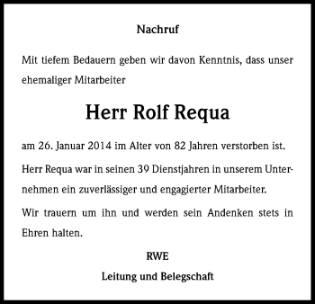 Anzeige von Rolf Requa von Kölner Stadt-Anzeiger / Kölnische Rundschau / Express