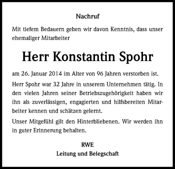 Anzeige von Konstantin Spohr von Kölner Stadt-Anzeiger / Kölnische Rundschau / Express