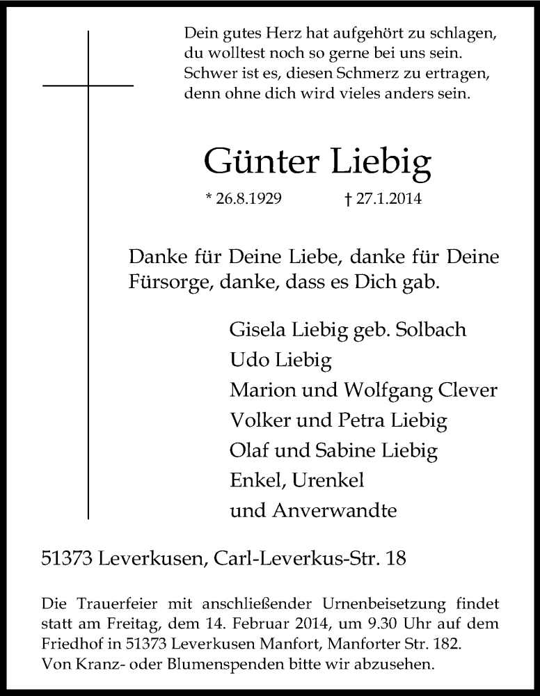  Traueranzeige für Günter Liebig vom 08.02.2014 aus Kölner Stadt-Anzeiger / Kölnische Rundschau / Express