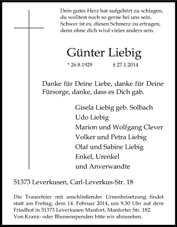 Anzeige von Günter Liebig von Kölner Stadt-Anzeiger / Kölnische Rundschau / Express
