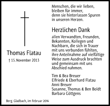 Anzeige von Thomas Flatau von Kölner Stadt-Anzeiger / Kölnische Rundschau / Express