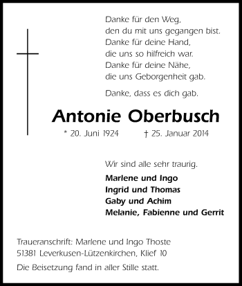 Anzeige von Antonie Oberbusch von Kölner Stadt-Anzeiger / Kölnische Rundschau / Express