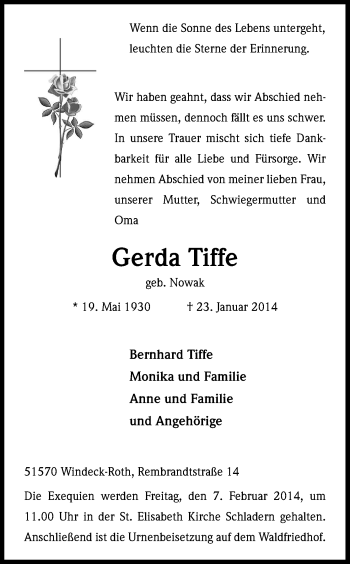 Anzeige von Gerda Tiffe von Kölner Stadt-Anzeiger / Kölnische Rundschau / Express