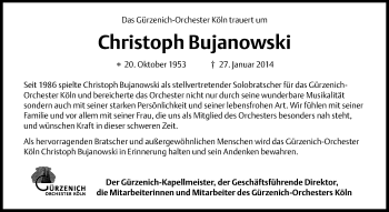 Anzeige von Christoph Bujanowski von Kölner Stadt-Anzeiger / Kölnische Rundschau / Express