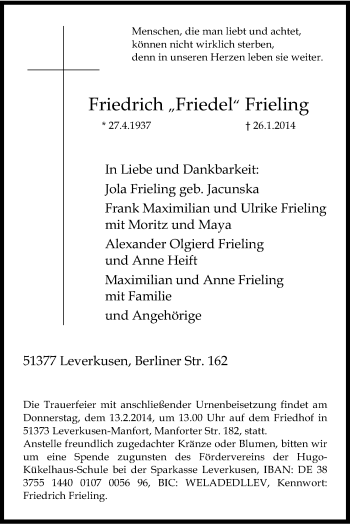 Anzeige von Friedrich Frieling von Kölner Stadt-Anzeiger / Kölnische Rundschau / Express