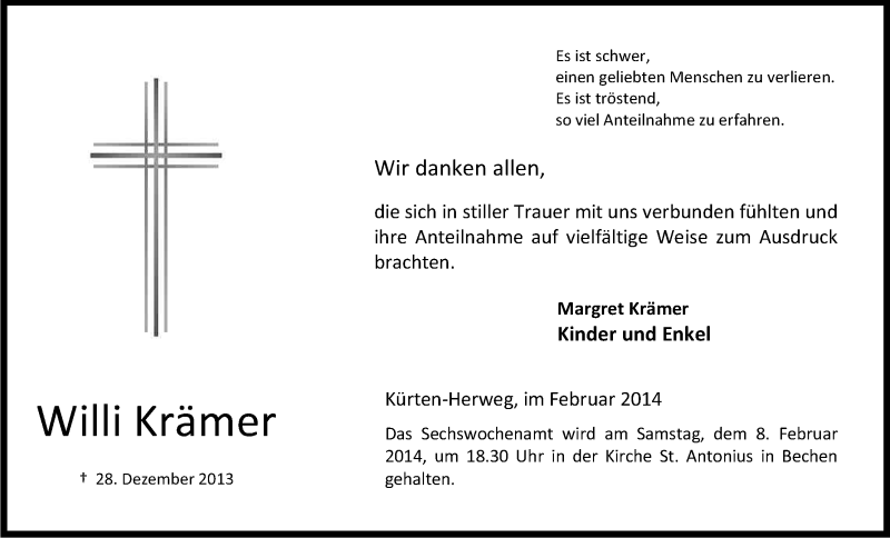  Traueranzeige für Willi Krämer vom 01.02.2014 aus Kölner Stadt-Anzeiger / Kölnische Rundschau / Express