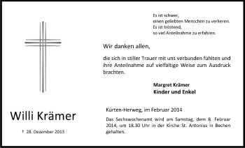 Anzeige von Willi Krämer von Kölner Stadt-Anzeiger / Kölnische Rundschau / Express