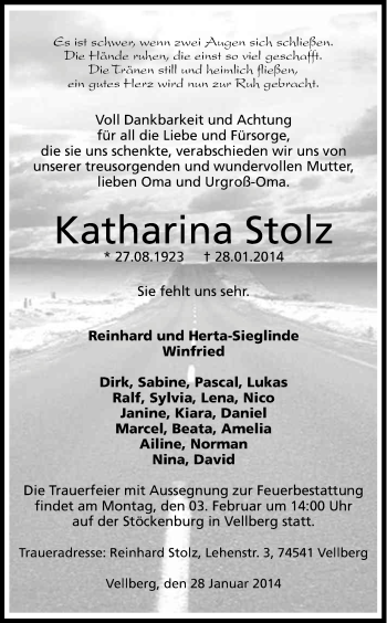 Anzeige von Katharina Stolz von Kölner Stadt-Anzeiger / Kölnische Rundschau / Express