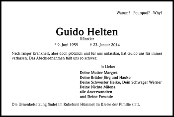Anzeige von Guido Helten von Kölner Stadt-Anzeiger / Kölnische Rundschau / Express