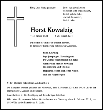 Anzeige von Horst Kowalzig von Kölner Stadt-Anzeiger / Kölnische Rundschau / Express