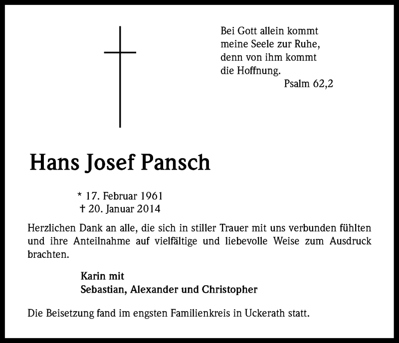  Traueranzeige für Hans Josef Pansch vom 31.01.2014 aus Kölner Stadt-Anzeiger / Kölnische Rundschau / Express