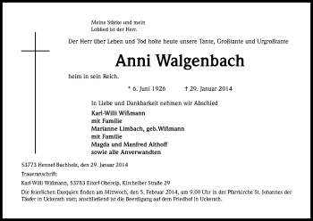 Anzeige von Anni  Walgenbach von Kölner Stadt-Anzeiger / Kölnische Rundschau / Express