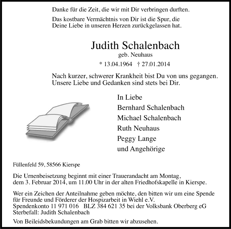  Traueranzeige für Judith Schalenbach vom 31.01.2014 aus Kölner Stadt-Anzeiger / Kölnische Rundschau / Express