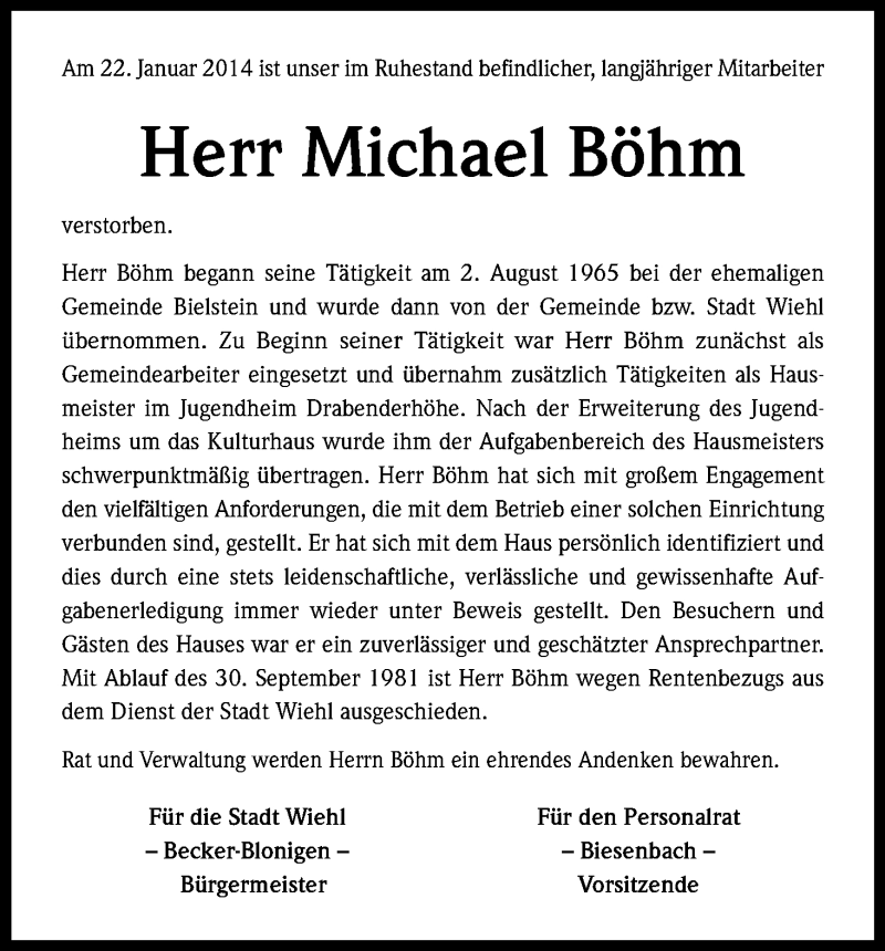  Traueranzeige für Michael Böhm vom 31.01.2014 aus Kölner Stadt-Anzeiger / Kölnische Rundschau / Express