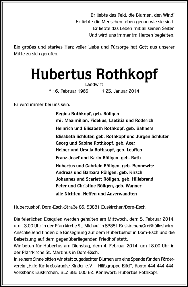  Traueranzeige für Hubertus Rothkopf vom 31.01.2014 aus Kölner Stadt-Anzeiger / Kölnische Rundschau / Express