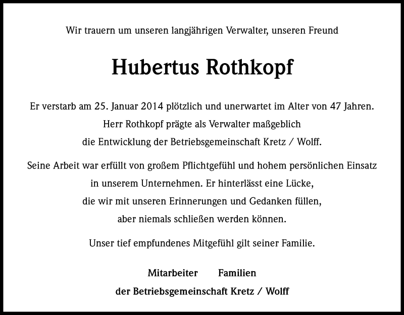  Traueranzeige für Hubertus Rothkopf vom 31.01.2014 aus Kölner Stadt-Anzeiger / Kölnische Rundschau / Express