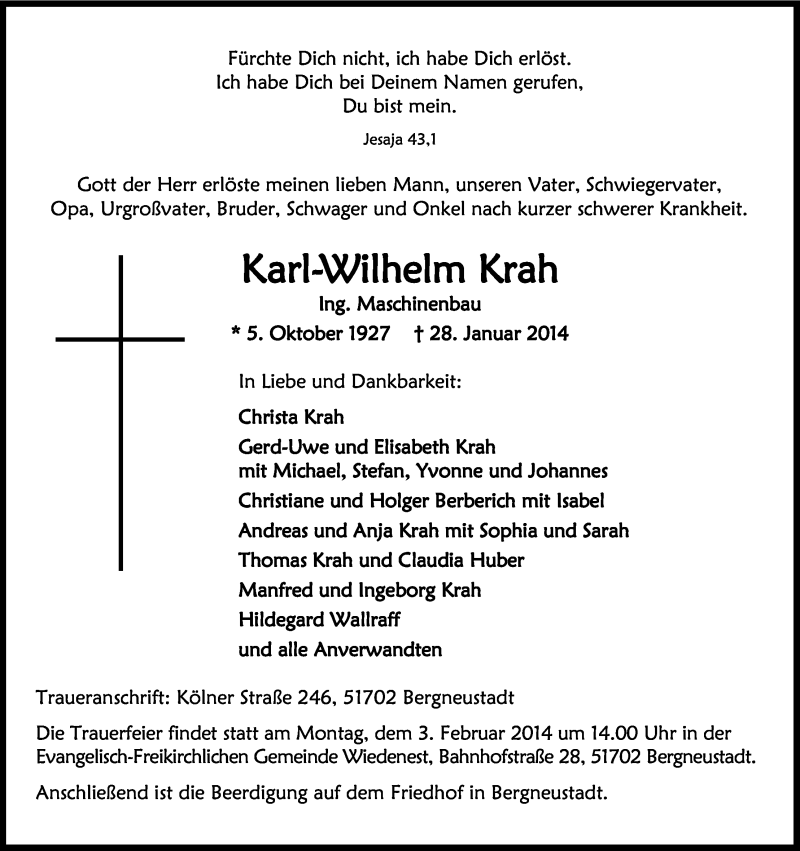  Traueranzeige für Karl-Wilhelm Krah vom 31.01.2014 aus Kölner Stadt-Anzeiger / Kölnische Rundschau / Express