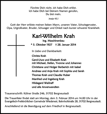 Anzeige von Karl-Wilhelm Krah von Kölner Stadt-Anzeiger / Kölnische Rundschau / Express