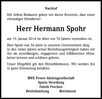 Anzeige von Hermann Spohr von Kölner Stadt-Anzeiger / Kölnische Rundschau / Express