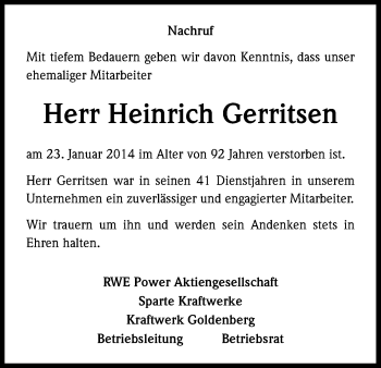 Anzeige von Heinrich Gerritsen von Kölner Stadt-Anzeiger / Kölnische Rundschau / Express