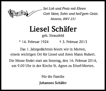 Anzeige von Liesel Schäfer von Kölner Stadt-Anzeiger / Kölnische Rundschau / Express