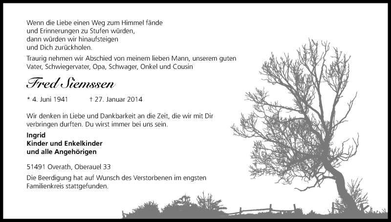  Traueranzeige für Fred Siemssen vom 08.02.2014 aus Kölner Stadt-Anzeiger / Kölnische Rundschau / Express