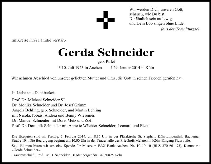  Traueranzeige für Gerda Schneider vom 01.02.2014 aus Kölner Stadt-Anzeiger / Kölnische Rundschau / Express