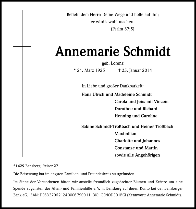  Traueranzeige für Annemarie Schmidt vom 06.02.2014 aus Kölner Stadt-Anzeiger / Kölnische Rundschau / Express