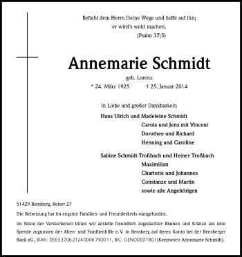 Anzeige von Annemarie Schmidt von Kölner Stadt-Anzeiger / Kölnische Rundschau / Express