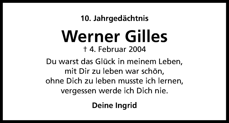  Traueranzeige für Werner Gilles vom 04.02.2014 aus Kölner Stadt-Anzeiger / Kölnische Rundschau / Express