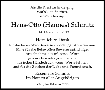 Anzeige von Hans-Otto Hannes Schmitz von Kölner Stadt-Anzeiger / Kölnische Rundschau / Express