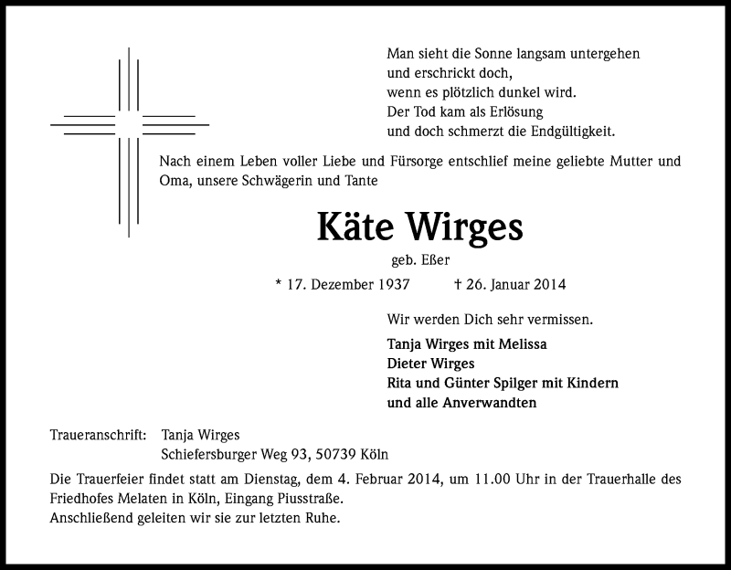  Traueranzeige für Käte Wirges vom 31.01.2014 aus Kölner Stadt-Anzeiger / Kölnische Rundschau / Express
