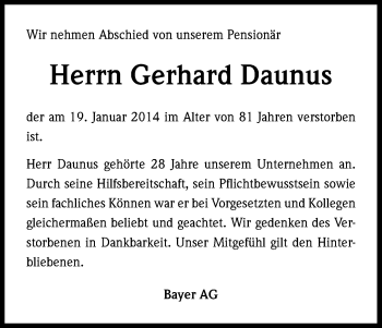Anzeige von Gerhard Daunus von Kölner Stadt-Anzeiger / Kölnische Rundschau / Express