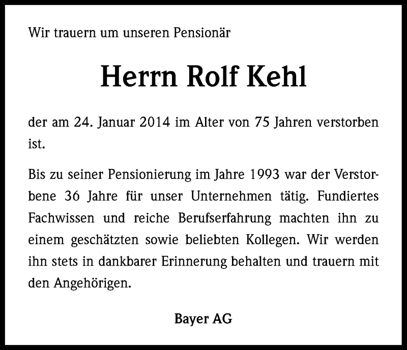  Traueranzeige für Rolf Kehl vom 31.01.2014 aus Kölner Stadt-Anzeiger / Kölnische Rundschau / Express