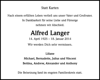 Anzeige von Alfred Langer von Kölner Stadt-Anzeiger / Kölnische Rundschau / Express