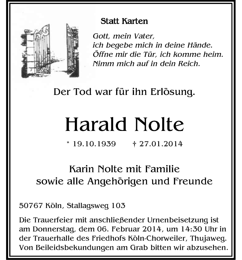  Traueranzeige für Harald Nolte vom 01.02.2014 aus Kölner Stadt-Anzeiger / Kölnische Rundschau / Express