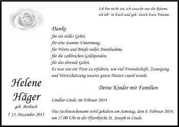 Anzeige von Helene Häger von Kölner Stadt-Anzeiger / Kölnische Rundschau / Express