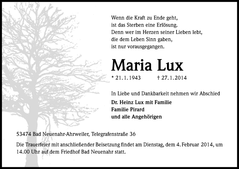  Traueranzeige für Maria Lux vom 01.02.2014 aus Kölner Stadt-Anzeiger / Kölnische Rundschau / Express