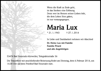 Anzeige von Maria Lux von Kölner Stadt-Anzeiger / Kölnische Rundschau / Express