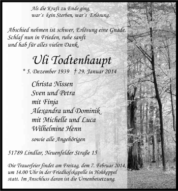 Anzeige von Uli Todtenhaupt von Kölner Stadt-Anzeiger / Kölnische Rundschau / Express